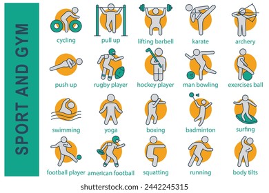 sport icons. sport and gym set icon. swimming, yoga, boxing, badminton, football player, rugby player, hockey player, and more. flat line icon style. sport element vector illustration