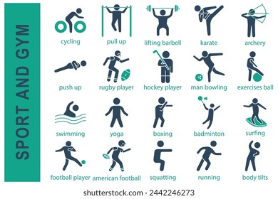 sport icons. sport and gym set icon. swimming, yoga, boxing, badminton, football player, rugby player, hockey player, and more. solid icon style. sport element vector illustration