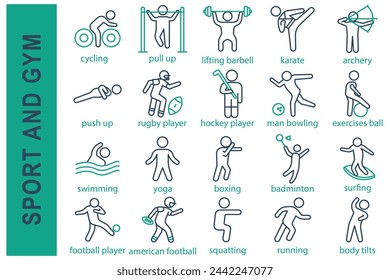 sport icons. sport and gym set icon. swimming, yoga, boxing, badminton, football player, rugby player, hockey player, and more. line icon style. sport element vector illustration