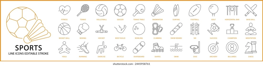 Sport icons. Sport icon set. Sport line icons. Vector illustration. Editable stroke.