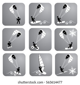 Sport icons: kiting and windsurfing black and white icons