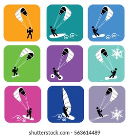 Sport icons: kiting and windsurfing colorful flat icons