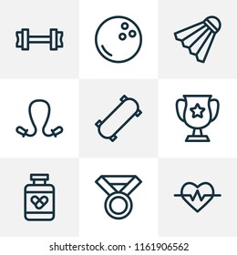 Sport icons line style set with fitness, winner cup, drugs and other dumbbell elements. Isolated vector illustration sport icons.