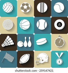 Sport icons with long shadow flat design. Sport balls, equipment, medal, stopwatch -  vector illustration 