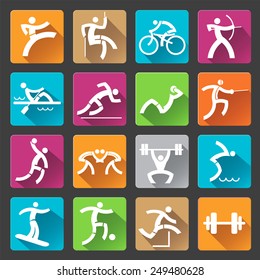 Sport icons long shadows. Set of colorful trendy icons with long shadow with sport and fitness activities for web or mobile phone application. Vector illustration. 