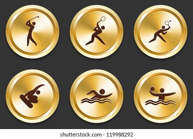 Sport Icons on Gold Button Collection Original Illustration