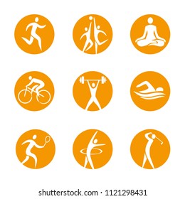 Sport icons on round background. 
Sport icons set on round orange background. Modern symbols for infographics or web use. Vector available.