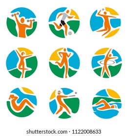 Sport icons on round colorful background. Sport icons set on round colorful expressive background. Modern symbols for infographics or web use. Vector available. 