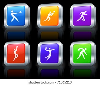 Sport Icons on Square Button Collection with Metallic Rim Original Illustration