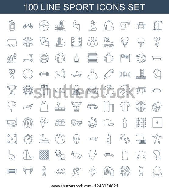 sport icons. Set of 100 line sport icons
included bra, water bottle, target, ranking, paintball, running,
swimming man on white background. Editable sport icons for web,
mobile and infographics.