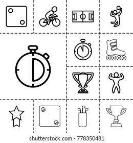 Sport icons. set of 13 editable outline sport icons such as dice, football pitch, bicycle, bodybuilder, volleyball player, trophy, medal with star, stopwatch, golf putter