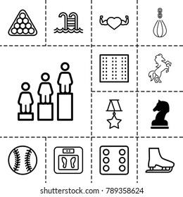 Sport icons. set of 13 editable outline sport icons such as horse chess, field, floor scales, dice, billiards, ranking, heart with muscles, swimming pool, ice skate, baseball