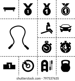 Sport icons. set of 13 editable filled sport icons such as medal, skipping rope, inflatable boat, man doing exercises, target, stopwatch, car, ranking, number 1 medal