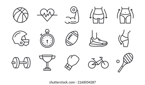 Sport icons. Set of 15 sport minimal icons. Soccer, Fitness, Gym, Bicycle icon. Hobby, wellness signs. Icons for web page, mobile app. Vector illustration