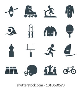 Sport icons. set of 16 editable filled sport icons such as jacket, ranking, bicycle, fitness bottle, swimming, goal post, skate rollers, windsurfing, american football helmet