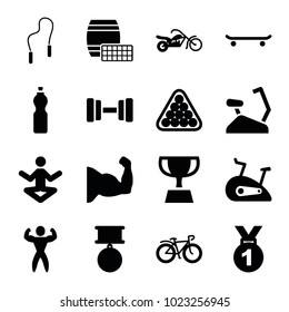 Sport icons. set of 16 editable filled sport icons such as billiards, medal, muscle arm, skating, yoga, bicycle, bodybuilder, skipping rope, exercise bike, motorcycle, barbell