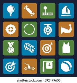 sport icons set. Set of 16 sport filled icons such as ball, lottery, singlet, muscle, medal, golf ball, sailboat, skate board, target, fishing, spy camera, clock