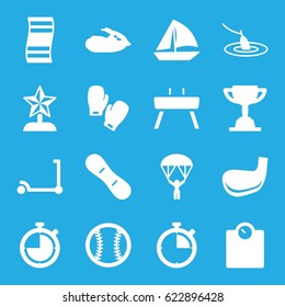 Sport icons set. set of 16 sport filled icons such as kick scooter, sailboat, gymnastic apparatus, snow board, jet ski, boxing gloves, baseball, golf stick, fishing, stopwatch