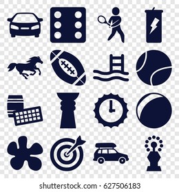 Sport icons set. set of 16 sport filled icons such as horse, Dice, car, tennis playing, american football, tennis ball, target, sundial, trophy, paintball, lotto, pool ladder