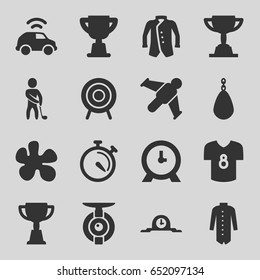 Sport icons set. set of 16 sport filled icons such as jacket, clock, trophy, stopwatch, target, golf player, football t shirt, car, spy camera, hang glider, paintball
