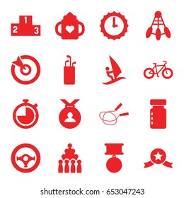 Sport icons set. set of 16 sport filled icons such as baby bottle, jump rope, medal, steering wheel, ranking, surfing, bicycle, sundial, stopwatch, target, medal with star