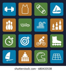 Sport icons set. set of 16 sport filled and outline icons such as ranking, sailboat, barbell, stopwatch, bicycle, windsurfing, bowling, target, singlet, cabriolet, pool ladder