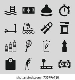 Sport icons set. set of 16 sport filled and outline icons such as kick scooter, exercising, winter hat, tennis rocket, clock, stopwatch, ranking, skate rollers, pool ladder