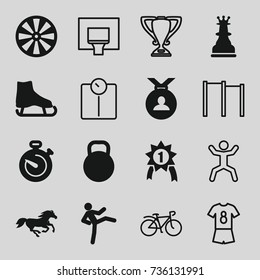 Sport icons set. set of 16 sport filled and outline icons such as horse, medal, stopwatch, kettle, chess king, number 1 medal, squat, bicycle, trophy, basketball basket