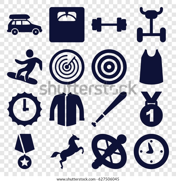 Sport icons set. set of 16\
sport filled icons such as singlet, jacket, floor scales,\
snowboard, horse, baseball bat, car, clock, sundial, target, medal\
with star, wheel