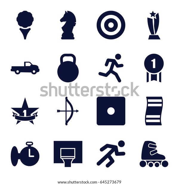 Sport icons set. set of 16 sport\
filled icons such as car, dice, running, kettle, basketball basket,\
1st place star, skate rollers, chess horse, stopwatch,\
trophy