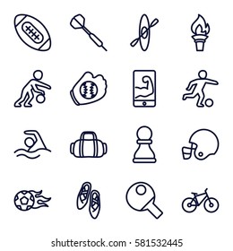 Sport icons set. Set of 16 Sport outline icons such as swimming, football ball, muscular arm  on phone, sport bag, ballet shoes, torch, dart, bicycle, football player