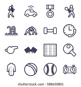sport icons set. Set of 16 sport outline icons such as field, ball, jacket, swimming pool, car, clock, stopwatch, medal, tennis playing, baseball player, finish flag, barbell