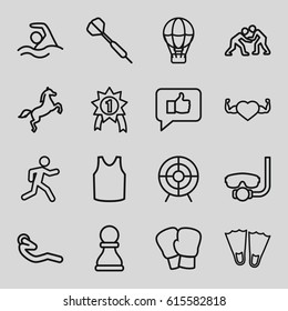 Sport icons set. set of 16 sport outline icons such as singlet, heart with muscles, running, abdoninal workout, target, swimming, horse, dart, judo, chess pawn, number 1 medal