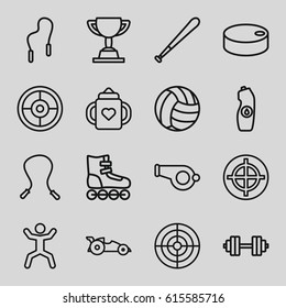 Sport icons set. set of 16 sport outline icons such as baby bottle, water bottle, squat, car, skipping rope, hockey puck, baseball bat, barbell   isolated, volleyball, trophy