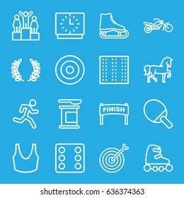 Sport icons set. set of 16 sport outline icons such as horse, field, dice, sport bra, motorcycle, clock, olive branch, skate rollers, ranking, target, running man