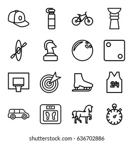 Sport icons set. set of 16 sport outline icons such as horse, floor scales, dice, baseball cap, basketball basket, sport t shirt number 24, stopwatch, bicycle, rowing