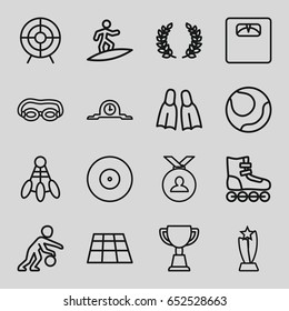 Sport icons set. set of 16 sport outline icons such as medal, trophy, floor scales, target, flippers, surfing, clock, olive branch, basketball player, volleyball, roller skate