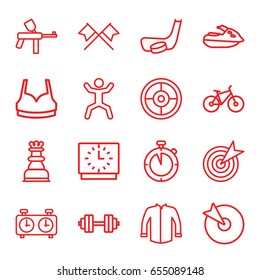 Sport icons set. set of 16 sport outline icons such as sport bra, jacket, squat, chess king, clock, stopwatch, hockey stick and puck, jet ski, bicycle, barbell   isolated