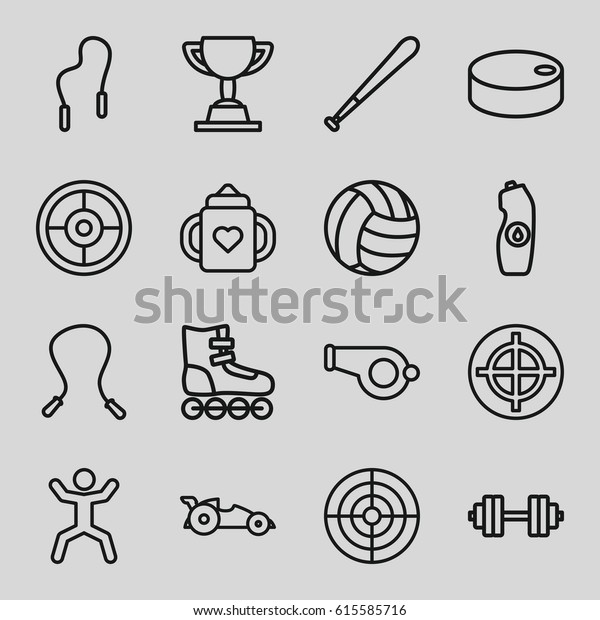 Sport icons set.\
set of 16 sport outline icons such as baby bottle, water bottle,\
squat, car, skipping rope, hockey puck, baseball bat, barbell  \
isolated, volleyball,\
trophy