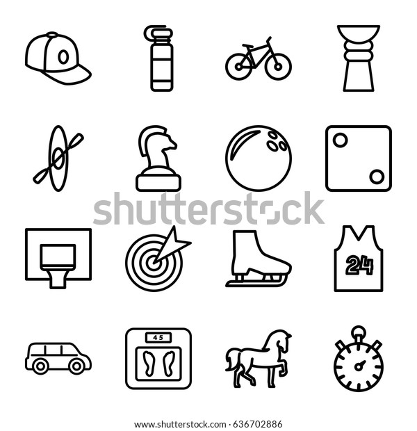 Sport icons set. set of 16\
sport outline icons such as horse, floor scales, dice, baseball\
cap, basketball basket, sport t shirt number 24, stopwatch,\
bicycle, rowing