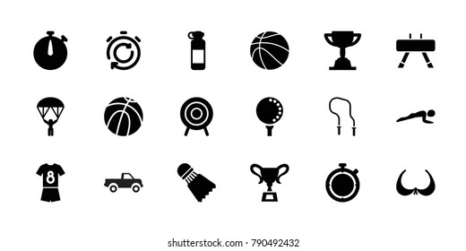 Sport icons. set of 18 editable filled sport icons: bra, basketball, bottle for fitness, target, golf ball, football uniform, shuttlecock, trophy, stopwatch