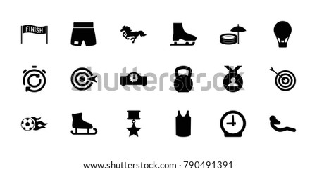 Sport icons. set of 18 editable filled sport icons: target, singlet, medal, air balloon, kettle bell, ice skating, abdoninal workout, football ball, ice skate, medal with star