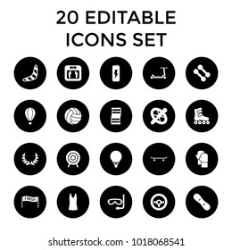 Sport icons. set of 20 editable filled sport icons such as boomerang, floor scales, dumbbell, fitness carpet, wheel, target. best quality sport elements in trendy style.