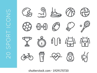 Sport icons. Set of 20 sport minimal icons. Soccer, Fitness, Gym, Bicycle icon. Hobby, wellness signs. Icons for web page, mobile app. Vector illustration