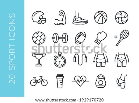 Sport icons. Set of 20 sport minimal icons. Soccer, Fitness, Gym, Bicycle icon. Hobby, wellness signs. Icons for web page, mobile app. Vector illustration