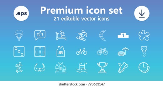 Sport icons. set of 21 editable outline sport icons includes ranking, field, bra, treadmill, dice, paintball, thumb up, swimming pool, snowboard, sport t shirt number 24