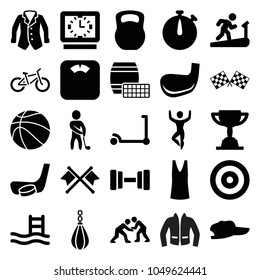 Sport icons. set of 25 editable filled sport icons such as kick scooter, singlet, pool ladder, floor scales, man on treadmill, baseball cap, golf player, finish flag