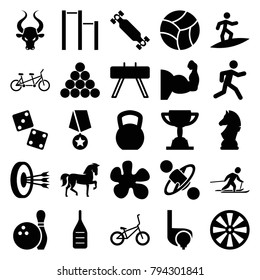 Sport icons. set of 25 editable filled sport icons such as horse, dice, paintball, dart, kettle bell, fintess equipment, running, skiing, skate board, chess horse, bicycle