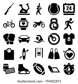 Sport icons. set of 25 editable filled sport icons such as exercise bike, ice skate, lotto, boxing gloves, carpet, floor scale, target, car, baseball player, swimming
