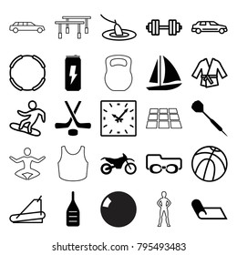 Sport icons. set of 25 editable filled and outline sport icons such as hockey, dart, motorbike, basketball, hoop, treadmill, car, snowboard, kimono, barbell   isolated